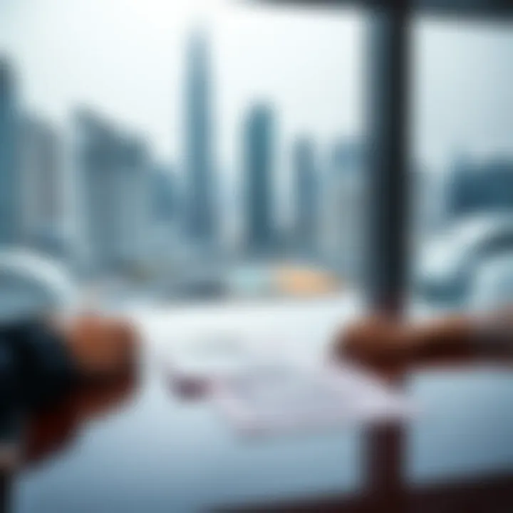 Negotiation in Dubai Real Estate Negotiation table with real estate documents and a skyline backdrop