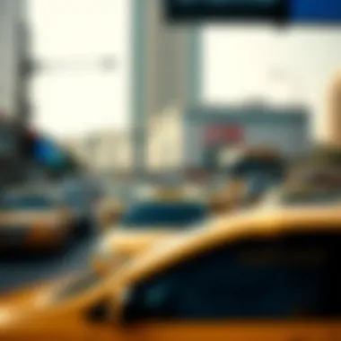 A bustling Dubai street scene showcasing taxis in action