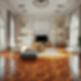 Elegant living room showcasing intricate parquet flooring design