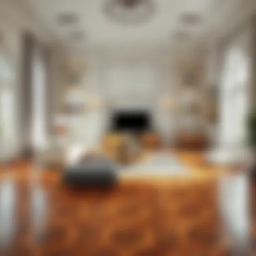 Elegant living room showcasing intricate parquet flooring design