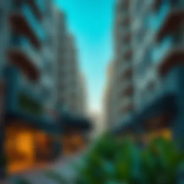 Dubai's Vibrant Neighborhoods with Studio Flats A vibrant neighborhood in Dubai featuring studio flats with bustling cafes and shops