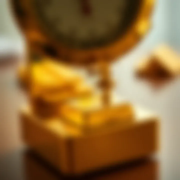 Close-up of a gold scale weighing a gram of gold