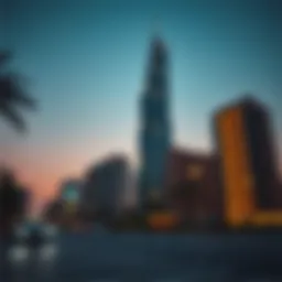 Stunning view of Renad Tower at dusk, showcasing its illuminated facade