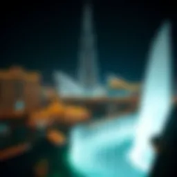 Aerial view of the Dubai Mall Fountain with Burj Khalifa in the background