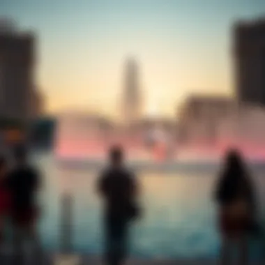 Spectacular Fountain Show at Sunset Visitors enjoying the Dubai Mall Fountain Show during sunset