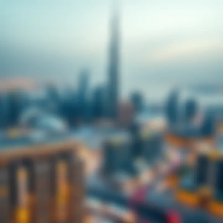 Aerial shot of Dubai skyline with emphasis on Wasl Tower's prominence