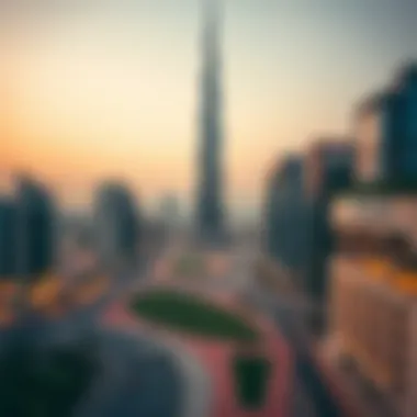Panoramic view of Sheikh Zayed Road with Wasl Tower as a centerpiece